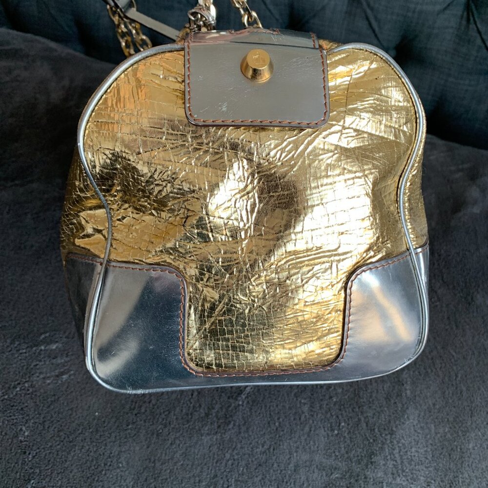 Lanvin Purse Large Tote Shoulder Bag Gold Silver Leather Lambskin Luxury Vintage - Picture 6 of 17